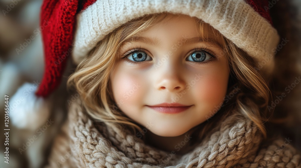 Young child wearing a festive red hat and cozy scarf looks directly at the camera with bright blue eyes during the winter season, radiating holiday cheer and joy
