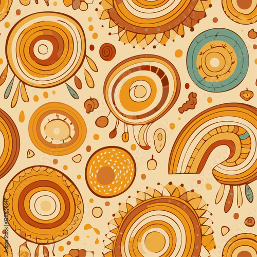 A seamless pattern with a beige background. It features multiple orange and white swirls and circles arranged in a repeating pattern.
