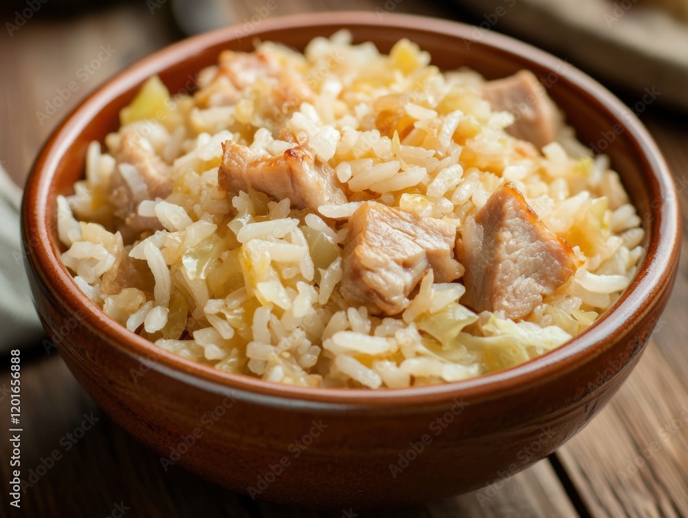 Cooked rice with pork and cabbage in a bowl. Steamed white rice mixed with pork and cabbage in a ceramic bowl. Emphasizing savory and filling dish. Ideal for food blogs and comfort foods. Cooked rice with pork and cabbage in a bowl. Steamed white rice mixed with pork and cabbage in a ceramic bowl. Emphasizing savory and filling dish. Ideal for food blogs and comfort foods.