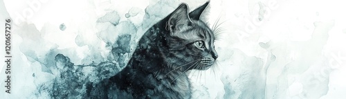 This artwork features a cat portrayed in mixed media, combining soft watercolor washes in muted tones with striking acrylic highlights