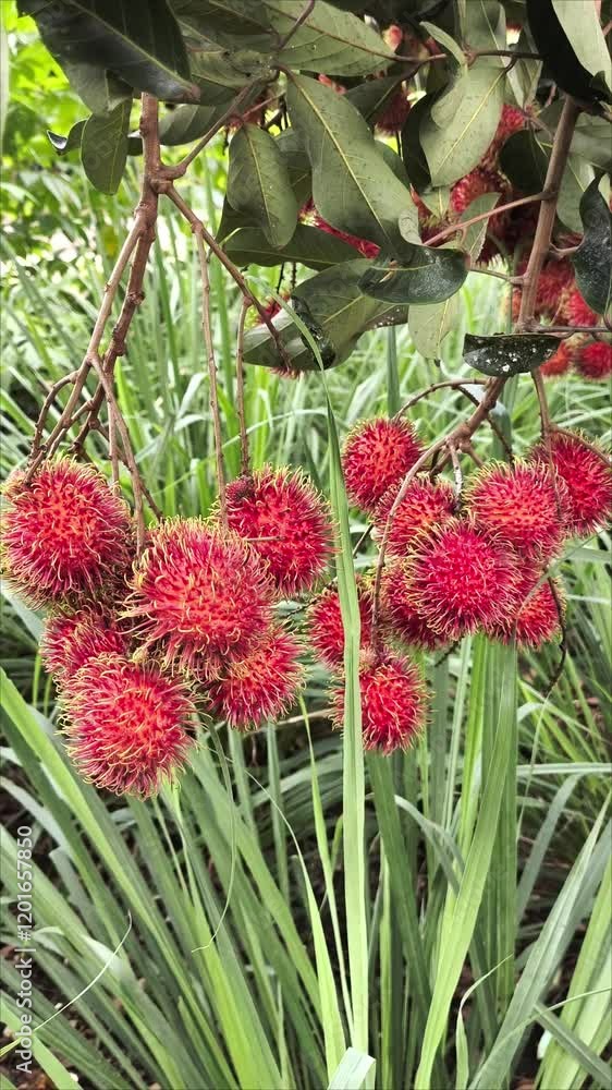 Rambutan Fruits on Tree Branch with Green Leaves in Natural Setting Rambutan Fruits on Tree Branch with Green Leaves in Natural Setting