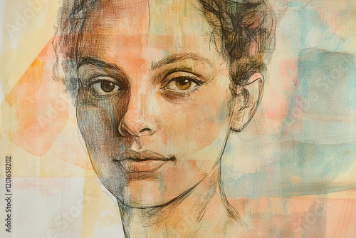 Wallpaper Mural This artwork features a mixed media portrait highlighting a woman's face. Soft watercolor washes blend with bold acrylic accents, creating a serene atmosphere with pastel colors and abstract shapes Torontodigital.ca