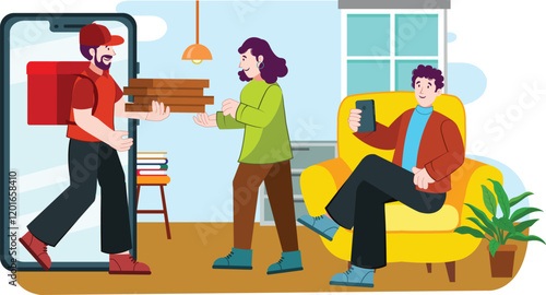 Food Delivery Service with Delivery Person Illustration and Home Delivery A delivery person handing over a food package to a customer at the doorstep, with a friendly expression.