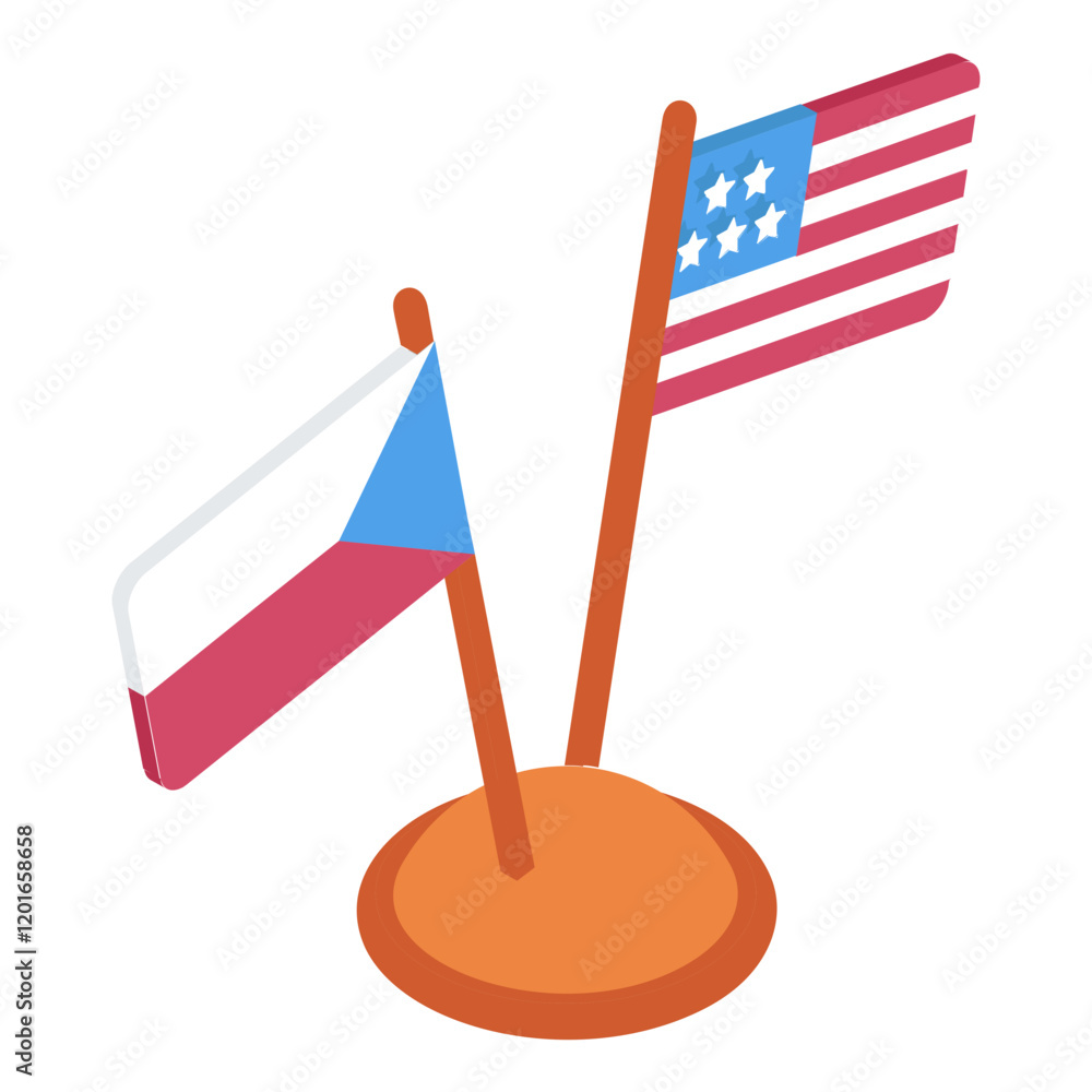 Words and Sentence isometric vector icon, International Language Day symbol, Translation Services sign, Plurilingualism and Multilingualism illustration, Two Table Flags with base decor concept