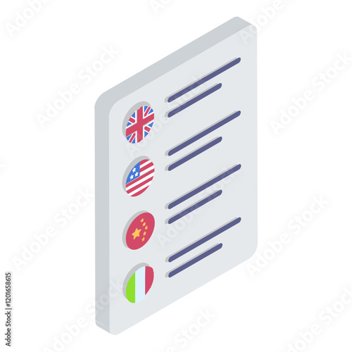 foreign target advertising isometric vector icon, International Language Day symbol, Translation Services sign, Plurilingualism Multilingualism, Multilingual Brochure or Communication document concept