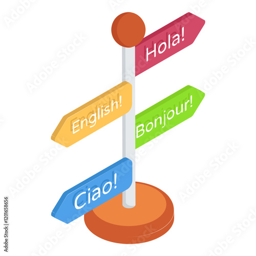 Hola ciao text isometric vector icon, International Language Day symbol, Translation Services sign, Plurilingualism and Multilingualism illustration, Different Language Signage with Pole concept