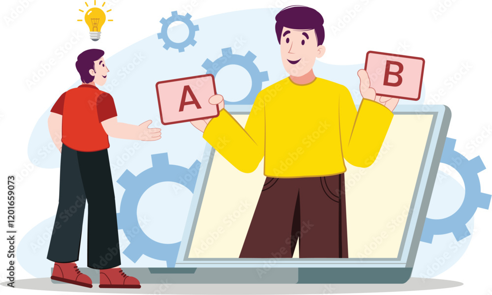 Obraz premium Online Survey A/B Testing Illustration with Gears Two screens showing different versions of a survey, connected by gears, representing the A/B testing process.