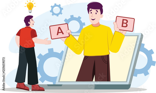 Online Survey A/B Testing Illustration with Gears Two screens showing different versions of a survey, connected by gears, representing the A/B testing process.