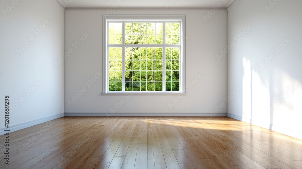 A bright, empty room with wooden flooring and a large window, showcasing greenery outside. A bright, empty room with wooden flooring and a large window, showcasing greenery outside.