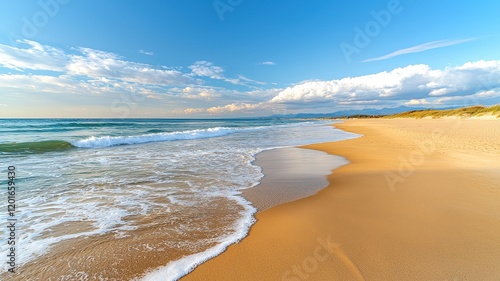 A serene beach scene with gentle waves lapping against golden sand under a bright blue sky, showcasing tranquility and natural beauty.