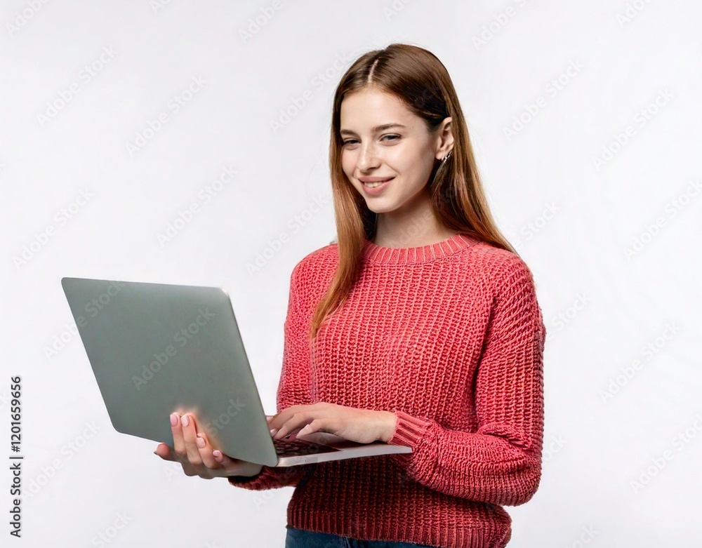 Indoor photo of positive teenage girl standing with laptop, smiling at great content from social networks, pressing fingers to touchpad in order to browse web pages, isolated on white background Indoor photo of positive teenage girl standing with laptop, smiling at great content from social networks, pressing fingers to touchpad in order to browse web pages, isolated on white background