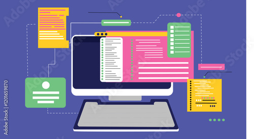 Programming Software Development Concept Illustration A team collaborating on programming with large code blocks, charts, and databases on multiple monitors.