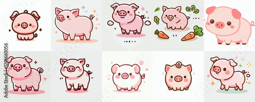 cartoon illustration set of cute pig