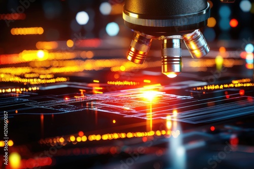 Forensic microscope with highlighted details of evidence, against a subtly blurred crime scene imagery