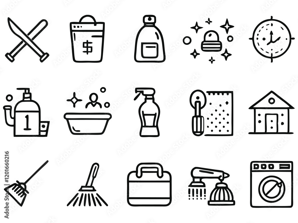 Fototapeta premium Dusting cleaning vacuuming washing changing organizing related editable stroke outline icon set flat vector illustration on white background 