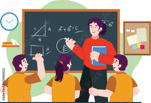 School Classroom with Teacher Explaining Math to Students Illustration A teacher at the blackboard solving equations, with attentive students in the foreground.