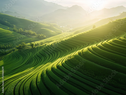 Lush Green Terraced Rice Fields at Sunrise in Scenic Mountain Landscape