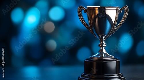 A Shiny Silver Trophy on a Dark Base Against a Blue Background