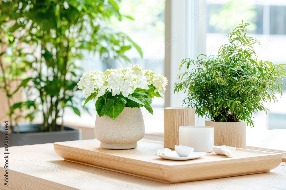 Tranquil meditation corner featuring natural plants and gentle flower displays, inspiring calmness Tranquil meditation corner featuring natural plants and gentle flower displays, inspiring calmness
