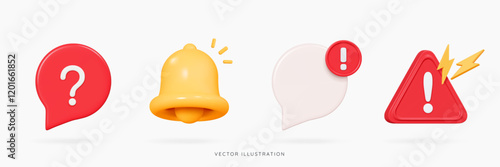 3D New important message icon set with bell, speech bubble, question and exclamation marks. Red danger notice. Reminder or notification. Cartoon design icons isolated on white. 3D Vector illustration