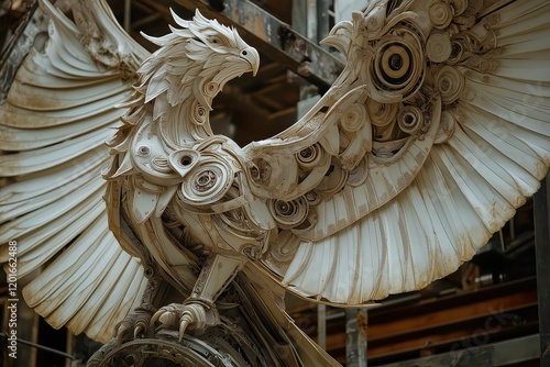 A stunning sculpture of a mechanical eagle, crafted from intricately detailed metal and gears, creating a fusion of fantasy and steampunk aesthetics. photo