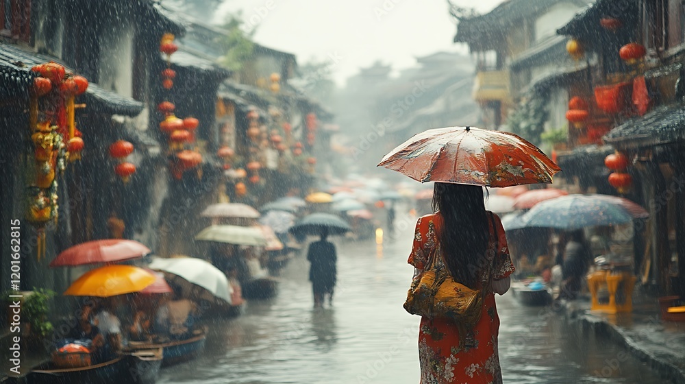 Obraz premium Woman Walks Through Rainy Chinese City Street