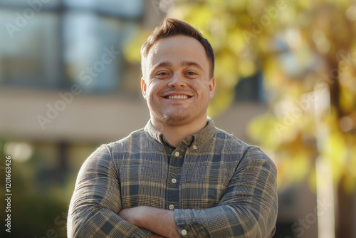 Cheerful man with Down syndrome and big smile standing confidently putdoors photo