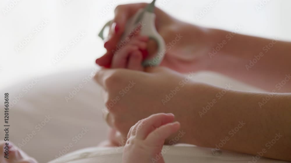 Close-up of a young mother's hands cutting baby's fingernails with scissors. The process of caring for a newborn baby after bathing at home. Special scissors for babies Close-up of a young mother's hands cutting baby's fingernails with scissors. The process of caring for a newborn baby after bathing at home. Special scissors for babies