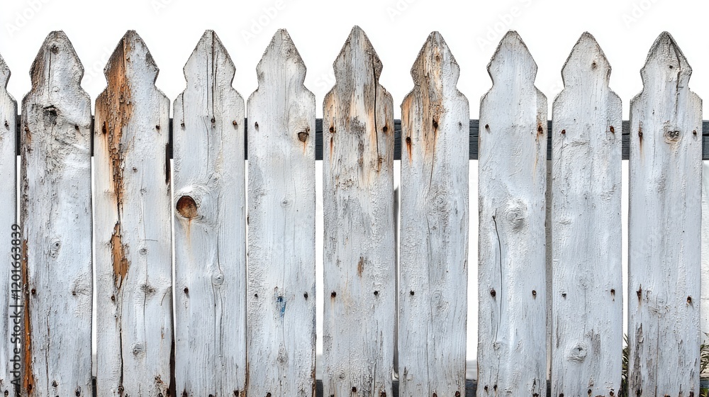 Weathered white wooden fence with rustic charm, set against a bright background, ideal for home decor