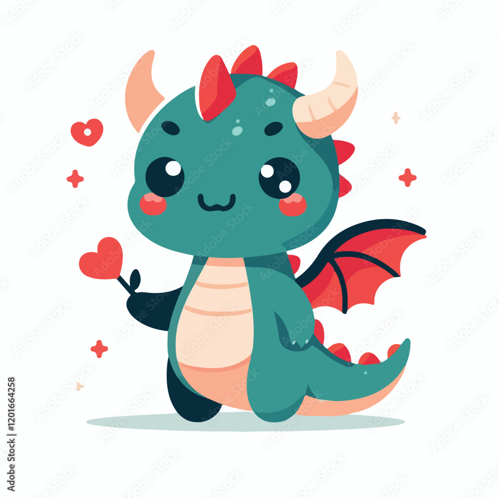 Fototapeta premium Adorable Cartoon Dragon Holding a Heart Charming Illustration