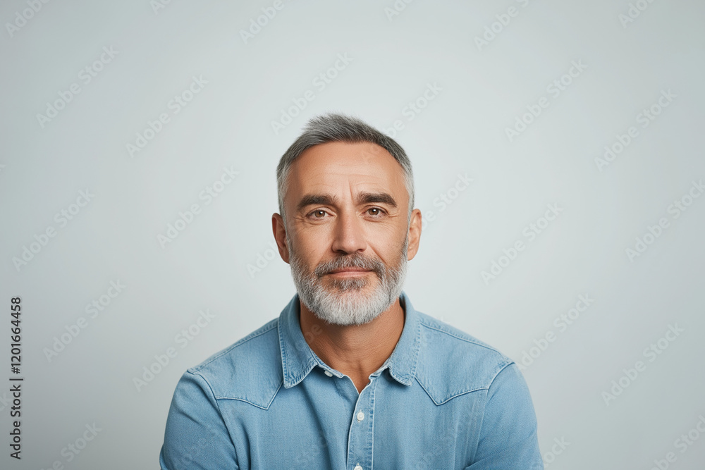 Fototapeta premium Portrait of middle-aged man with gray hair and beard, wearing blue shirt against white background