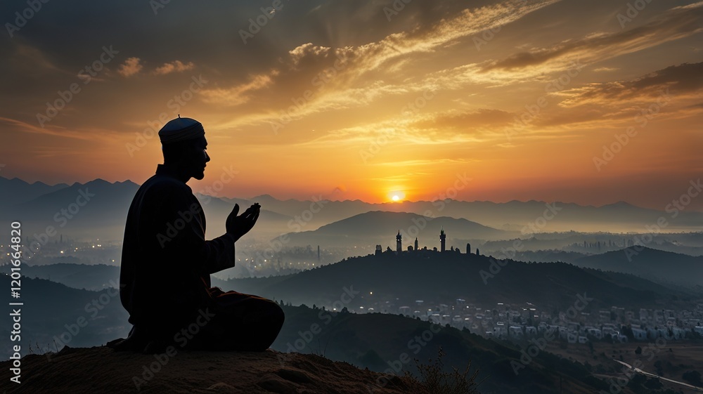 Silhouette of a people pray to the Allah on hill, Ramadhan kareem Silhouette of a people pray to the Allah on hill, Ramadhan kareem