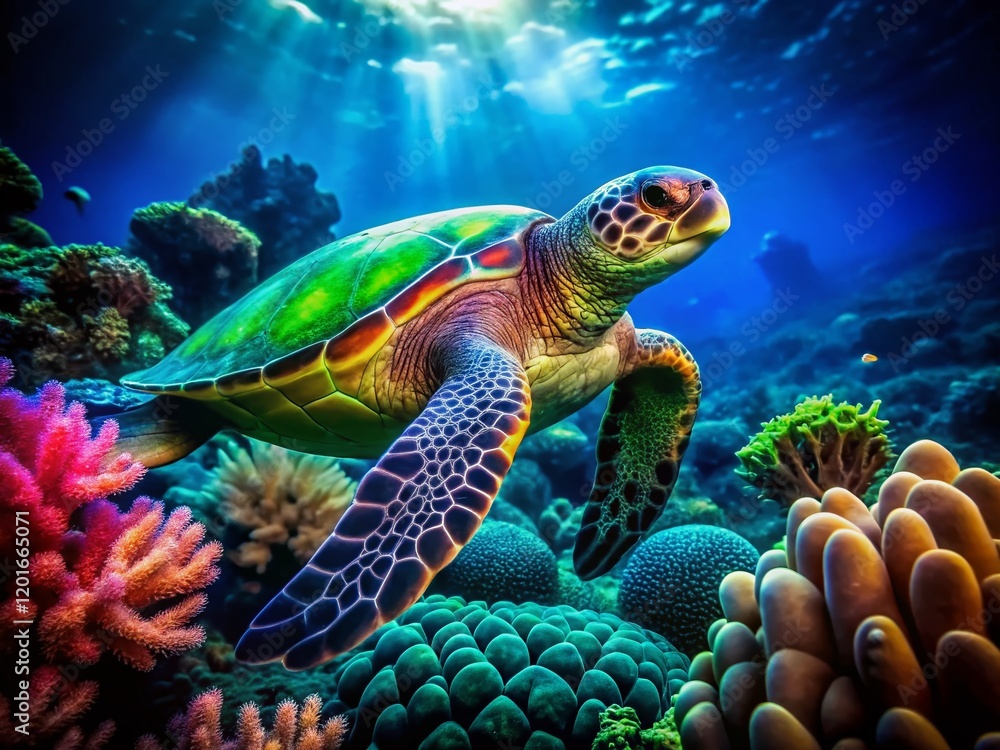 Fototapeta premium Vintage Neon Sea Turtle & Luminous Coral Reef Stock Photo