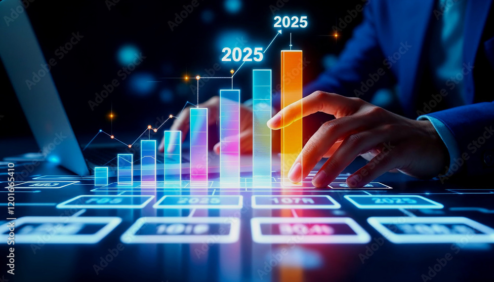 Businessperson Interacting with Projected Growth Chart on a Touchscreen