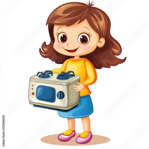 Little Chef's Helper: An adorable cartoon girl with big brown eyes smiles brightly as she proudly holds a miniature stove, ready to embark on a culinary adventure. photo