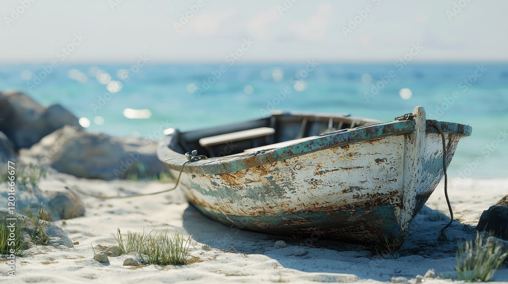 Solitude's Embrace: A Weathered Boat on a Tranquil Beach Solitude's Embrace: A Weathered Boat on a Tranquil Beach