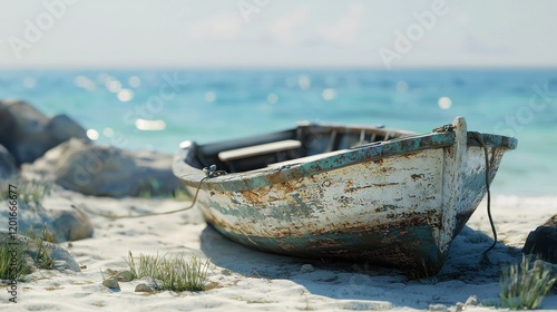 Solitude's Embrace: A Weathered Boat on a Tranquil Beach