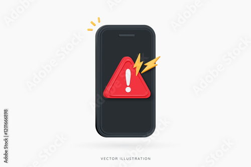 3D Phone and red danger warning triangle with exclamation mark. New important message. Mobile error or problem. Alert notice. Cartoon design icon isolated on white. 3D Vector illustration