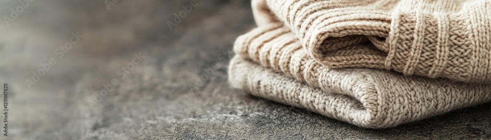 A soft wool sweater in neutral tones is neatly arranged on a smooth stone surface, illuminated by gentle natural light, creating a warm and inviting feel A soft wool sweater in neutral tones is neatly arranged on a smooth stone surface, illuminated by gentle natural light, creating a warm and inviting feel