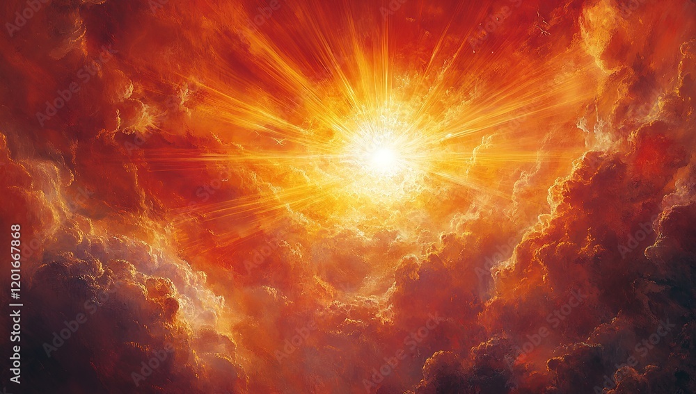 Obraz premium A bright, radiant sun shines in the sky, with rays of light spreading across the scene