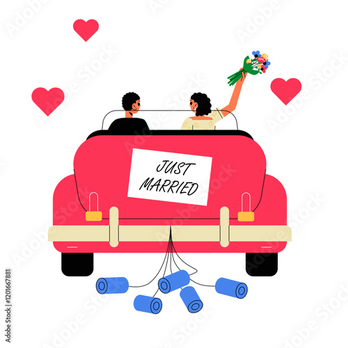 Just Married Couple Driving Away In Car In Flat Vector Illustration Symbolizing Wedding, Romance, And Celebration, Isolated On White Background