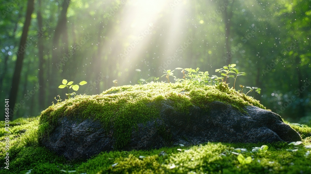 Fototapeta premium Sunbeams Illuminate Mossy Rock in Enchanting Forest