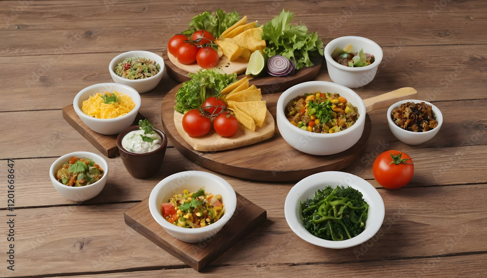 Food served on a wooden board with various dishes and fresh ingredients arranged decoratively
Food served on a wooden board with various dishes and fresh ingredients arranged decoratively
