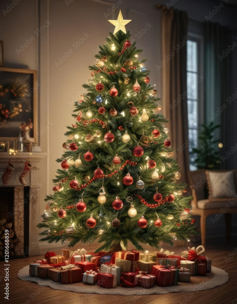 Beautifully decorated Christmas tree with ornaments and lights, colorful ornaments, holiday decor, twinkling lights Beautifully decorated Christmas tree with ornaments and lights, colorful ornaments, holiday decor, twinkling lights