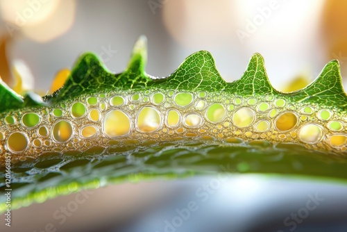 Intricate image of leaf cross-section viewed under a microscope, revealing layered tissue in plant biology
