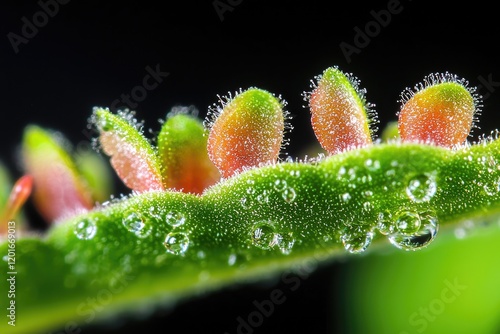 Close-up microscopy of leaf trichomes and their role in plant defense, highlighting botanical adaptations