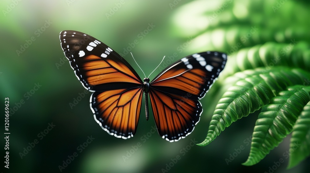 A Vibrant Butterfly Amidst a Lush, Harmonious Forest Setting, Highlighting Nature's Beauty and Delicate Details of the Insect in Natural Light A Vibrant Butterfly Amidst a Lush, Harmonious Forest Setting, Highlighting Nature's Beauty and Delicate Details of the Insect in Natural Light