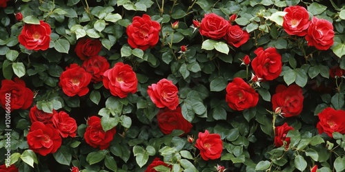 Fototapeta Naklejka Na Ścianę i Meble -  A vibrant group of red climbing roses showcases their stunning beauty and lush greenery, highlighting the elegance and charm of red climbing roses in any garden setting.