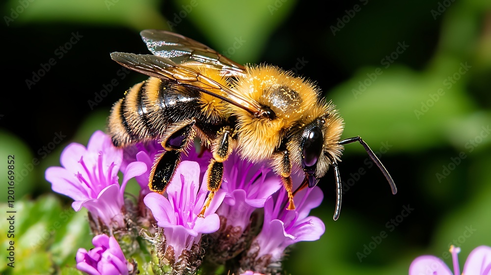 Close-up of a bee collecting pollen from vibrant purple flowers in a lush garden setting Close-up of a bee collecting pollen from vibrant purple flowers in a lush garden setting