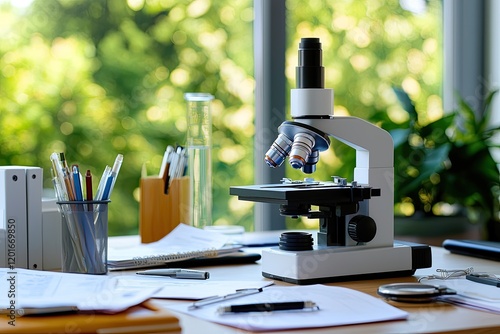 microscope on a cluttered postgraduate research desk with open thesis papers